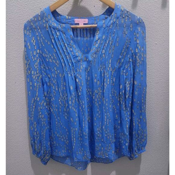 Lilly Pulitzer Womens Tunic Colby Silk Clip Metallic Gold sheer Blouse Blue XXS - Picture 2 of 8
